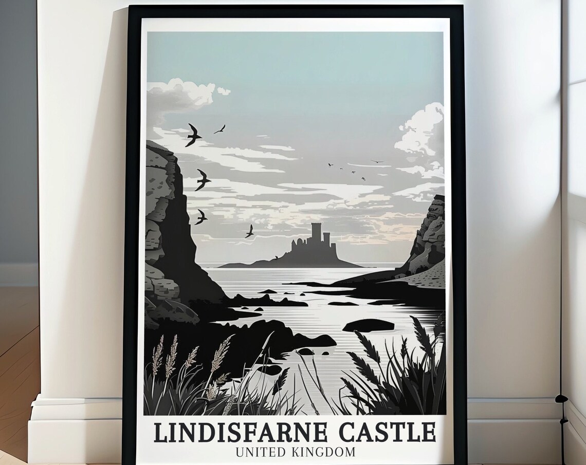 Lindisfarne Castle United Kingdom Monochrome Seascape Bird Art Poster