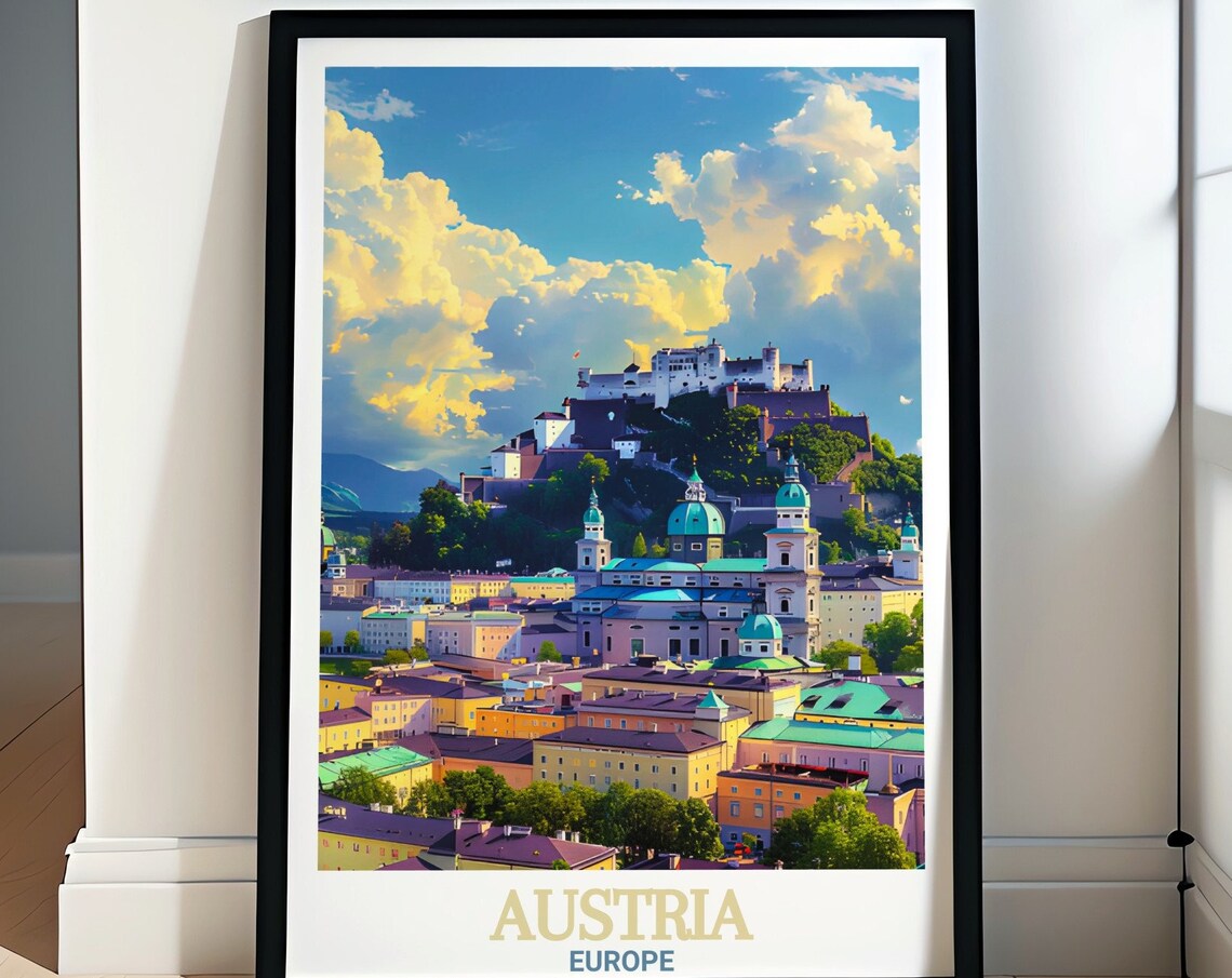 Salzburg Historic Center Fortress Golden Clouds Travel Art Poster