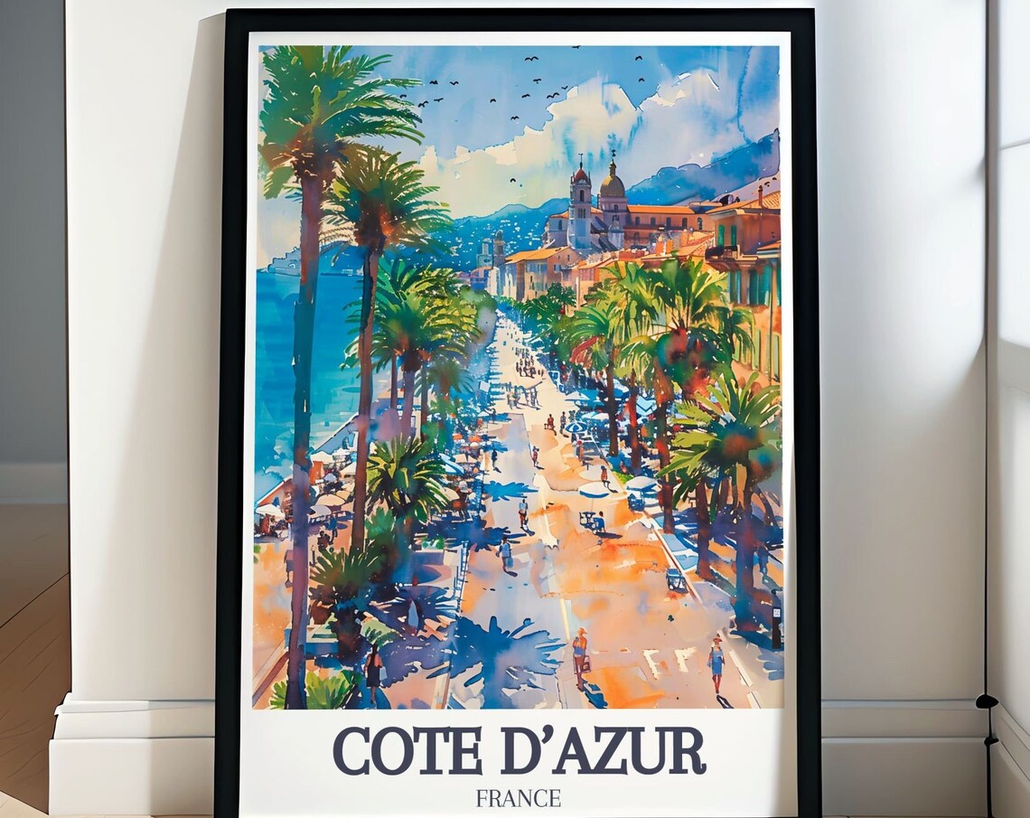 Cote d'Azur France Palm Promenade Seaside Watercolor Travel Poster