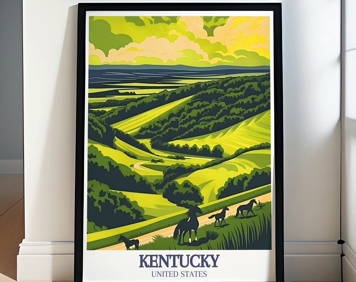 Kentucky Bluegrass Rolling Hills Horses Sunset Travel Poster