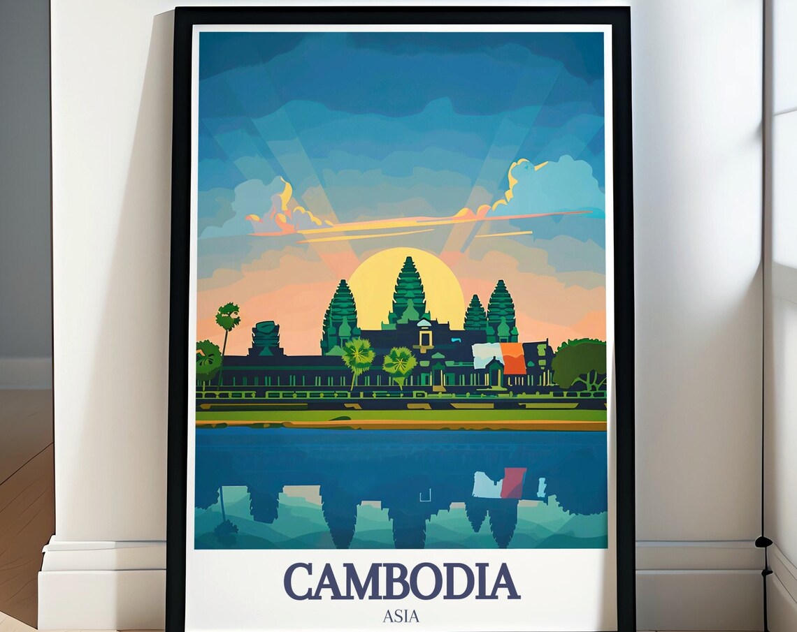 Angkor Wat Sunrise Reflection Cambodia Vintage Travel Poster