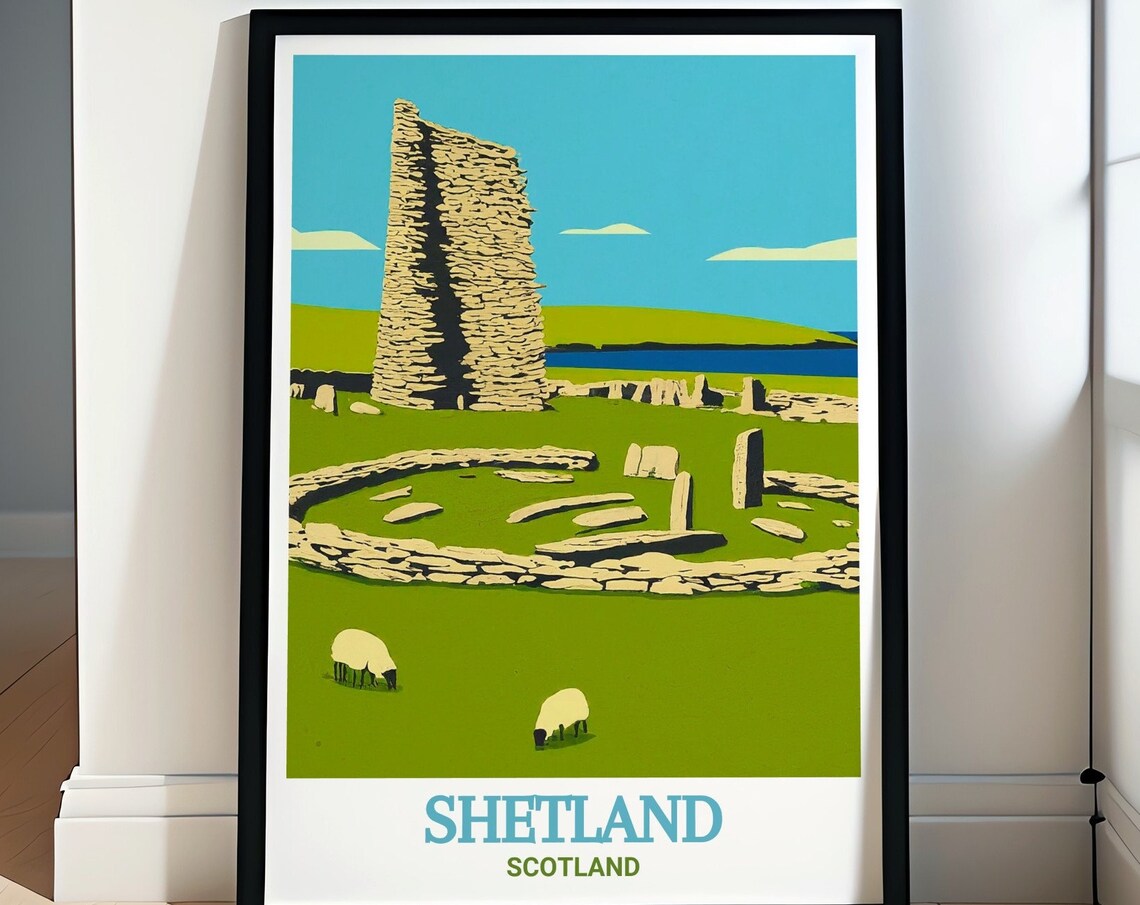 Shetland Scotland Ancient Stone Broch Tower Sheep Travel Poster