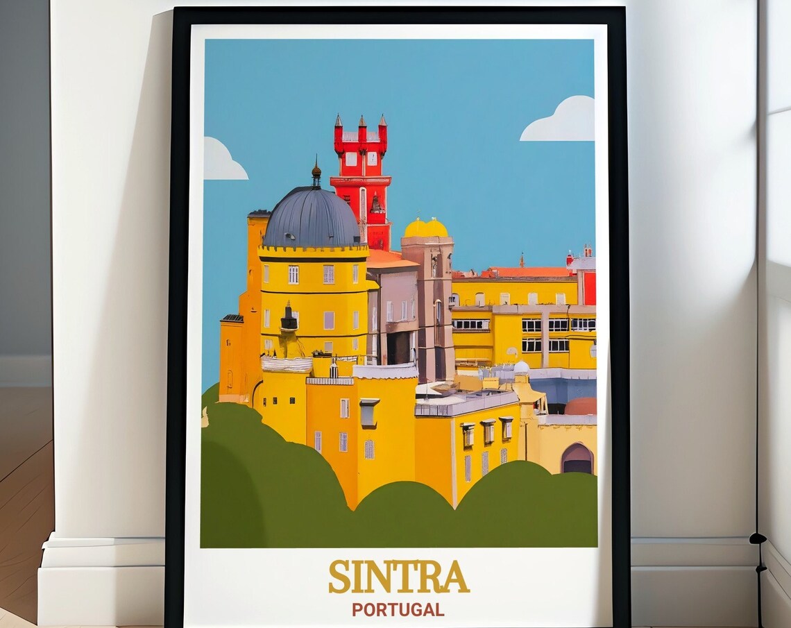 Sintra Portugal Pena Palace Yellow and Red Towers Travel Poster