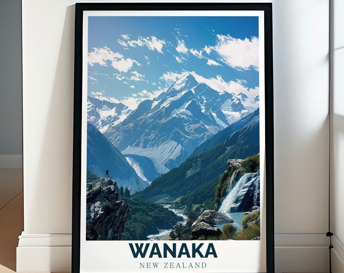 Wanaka New Zealand Mountain Valley Waterfall Hiker Travel Poster