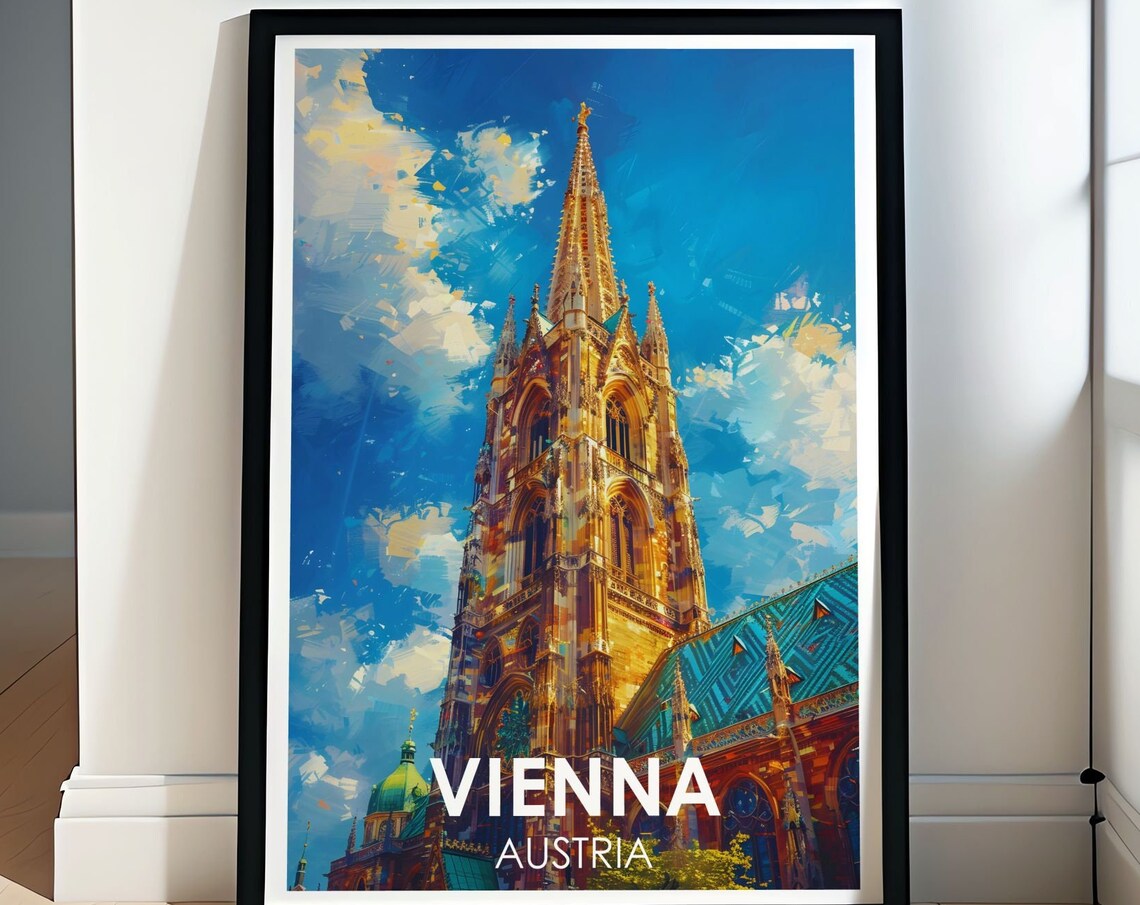 Vienna St Stephen's Cathedral Tower Bright Blue Sky Travel Poster