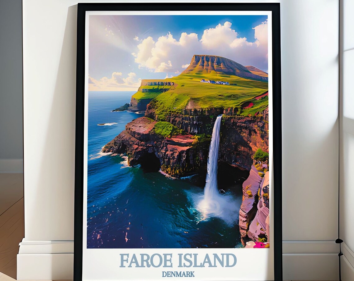 Faroe Islands Mlafossur Waterfall into Ocean Coastal Travel Poster