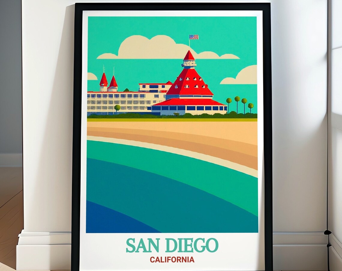 San Diego California Coronado Hotel Red Roof Beach Retro Travel Poster
