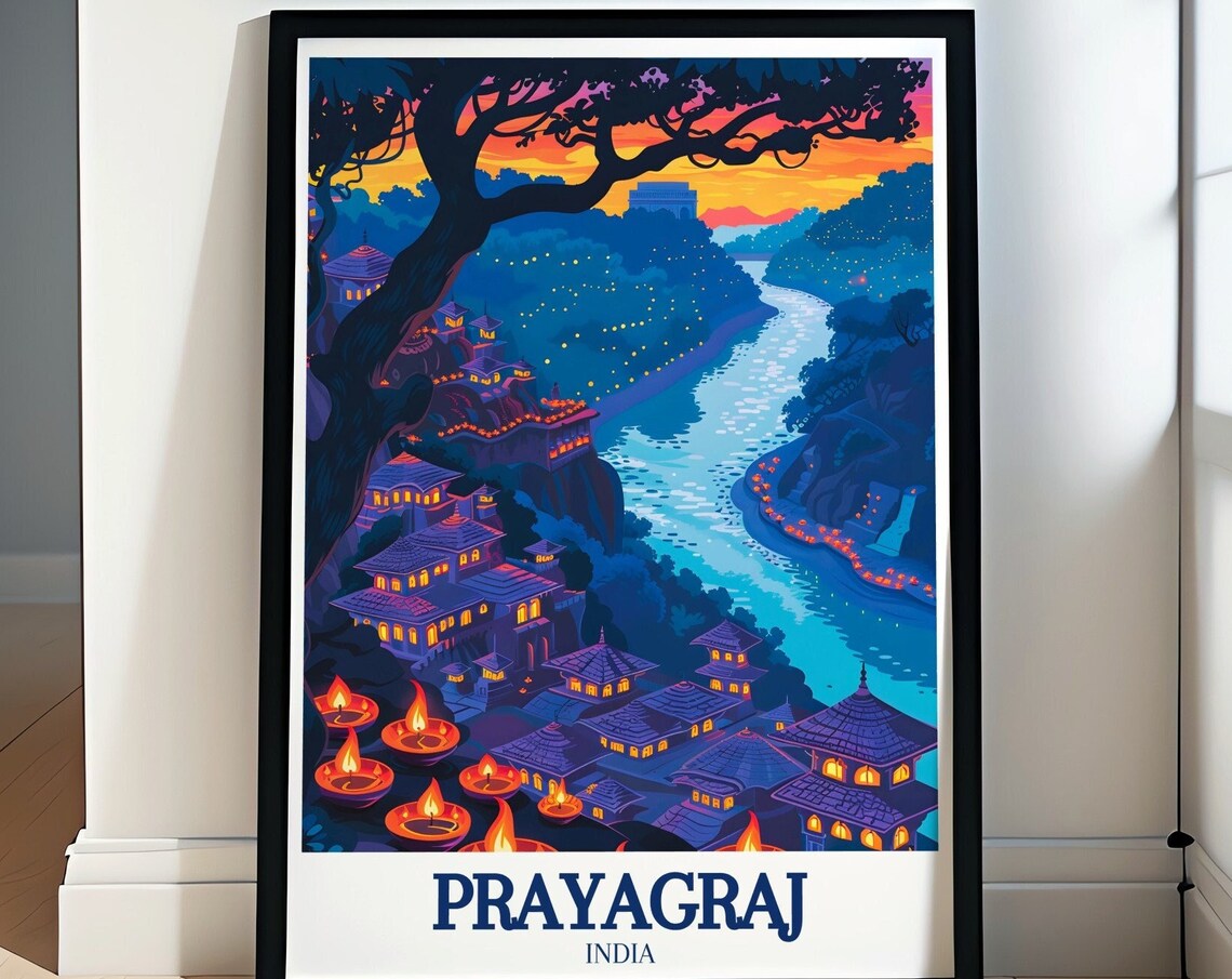 Prayagraj India Diwali Night Temple Lights River Scene Poster
