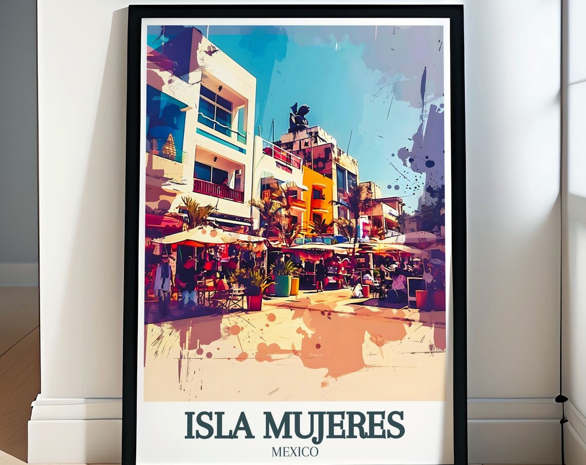 Isla Mujeres Waterfront Avenue With Cafes and Umbrellas Travel Poster