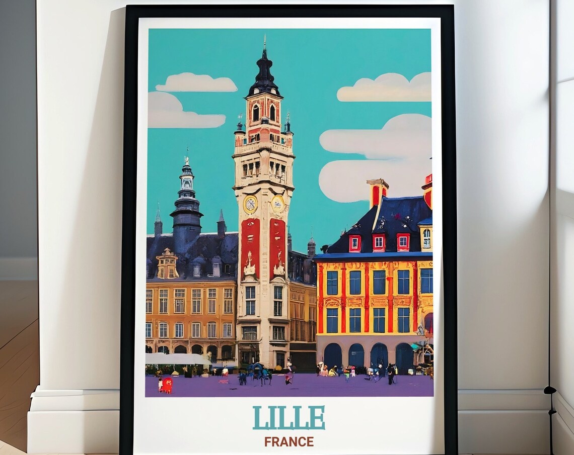 Lille France Grand Place Belfry Square Bustling Market Day Poster