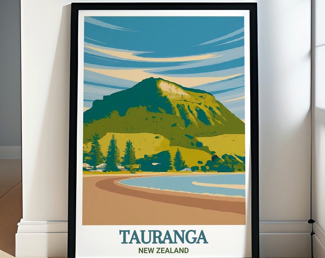 Tauranga New Zealand Mount Maunganui Beach Vintage Retro Travel Poster
