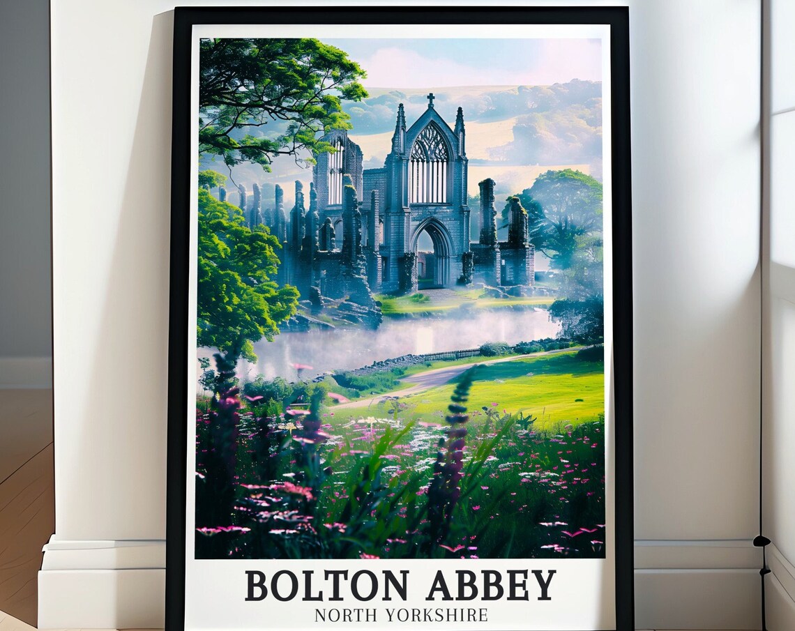 Bolton Abbey North Yorkshire Misty River Wharfe Ruins Travel Poster