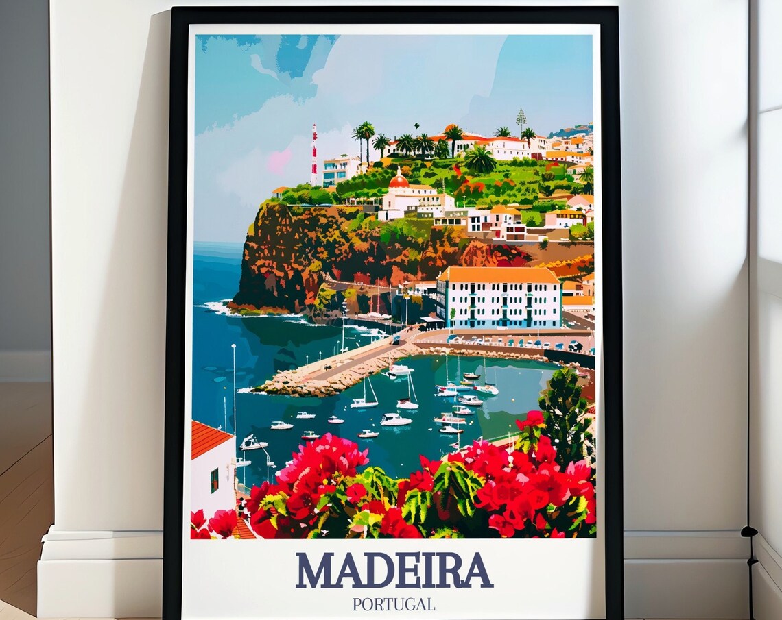 Madeira Portugal Funchal Marina Harbor Boats Island Travel Poster
