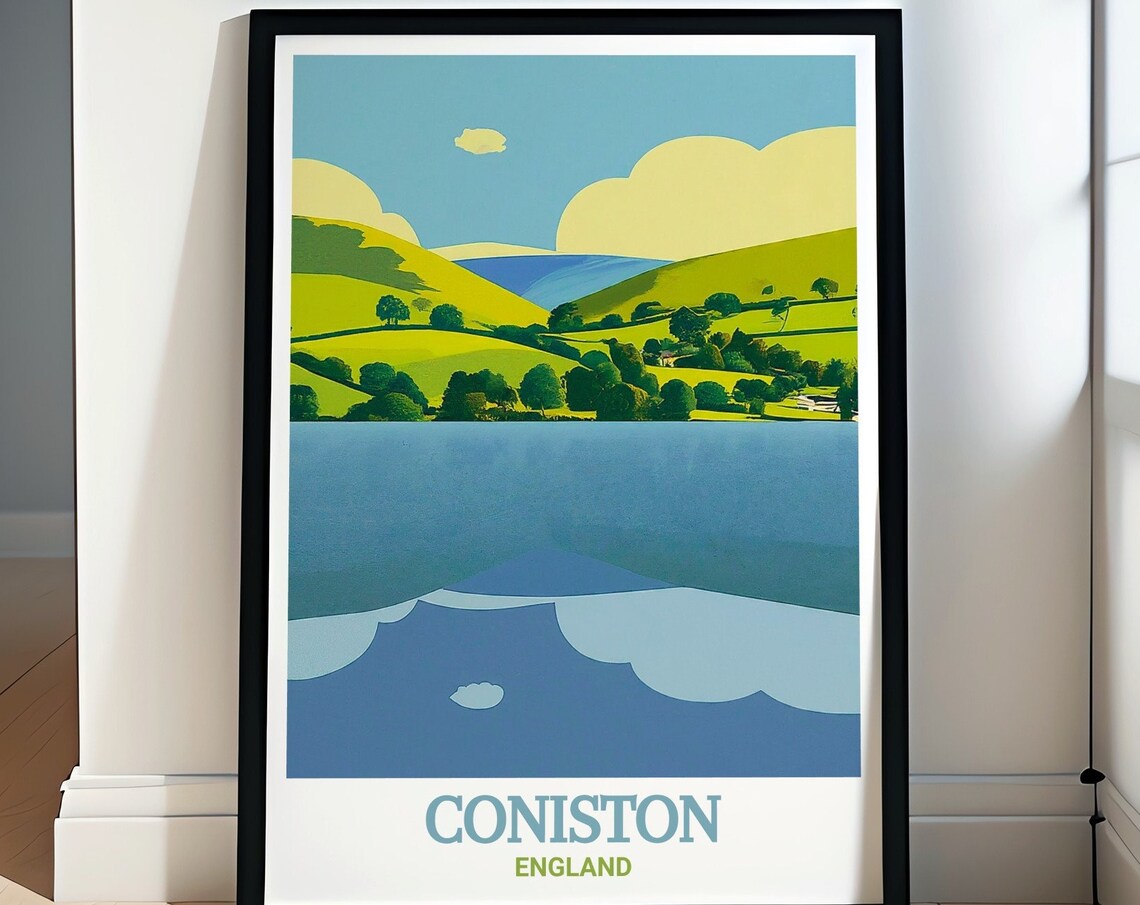 Coniston Water Lake And Green Hills Lake District Art Travel Poster