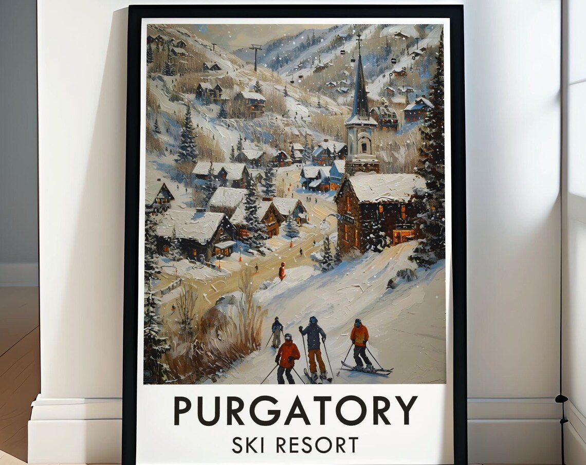 Purgatory Ski Resort Snowy Village With Skiers Colorado Travel Poster
