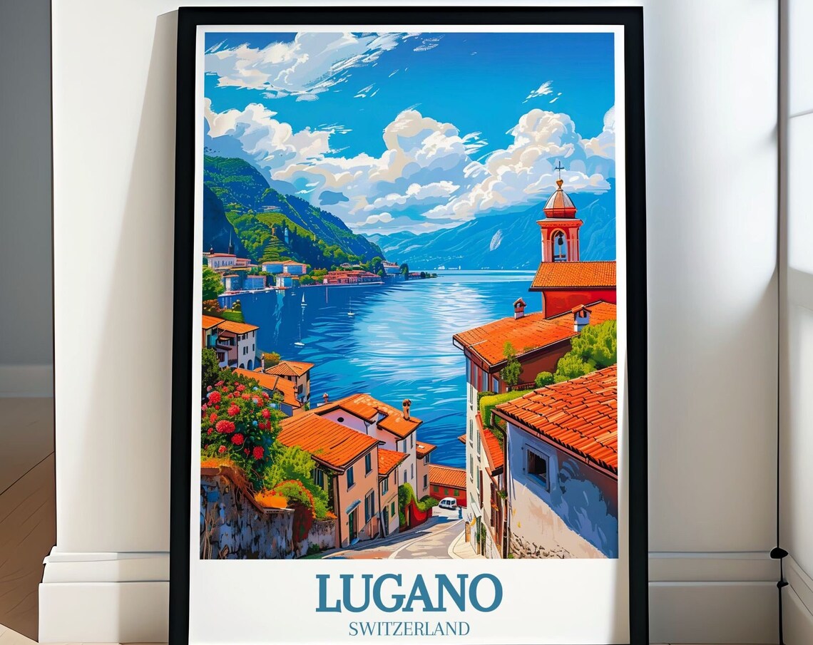 Lugano Switzerland Old Town Church Tower Over Lake View Poster