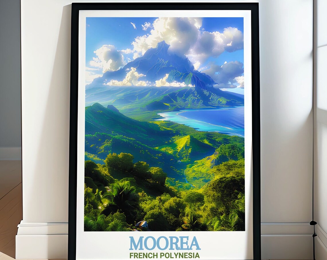 Moorea Mount Rotui Volcanic Peak Lush Green Jungle Coast Travel Poster