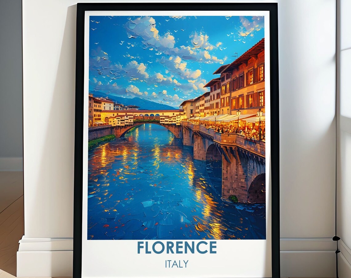 Florence Italy Ponte Vecchio Dusk Reflections Painting Poster