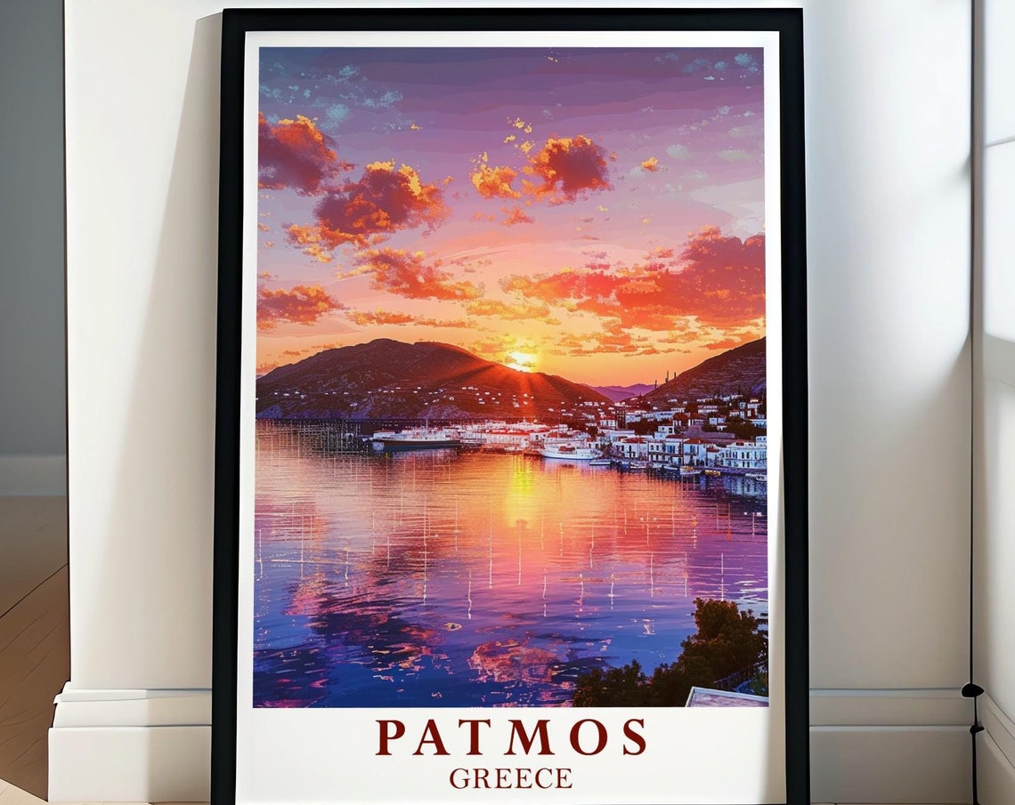 Patmos Greece Skala Harbor Glowing Sunset Water Reflection Poster