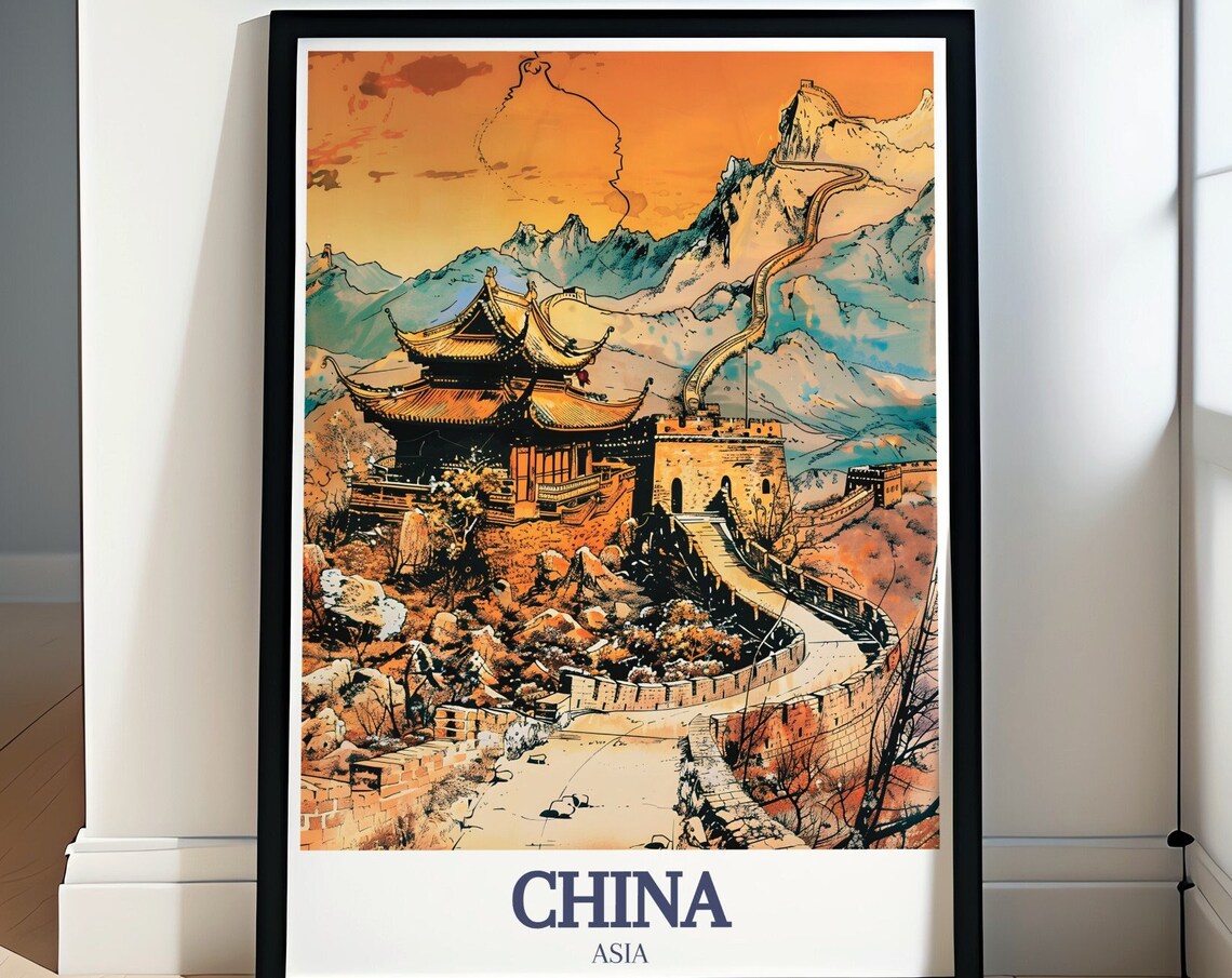 Great Wall of China Sunset Watercolor Temple Scenic Travel Poster