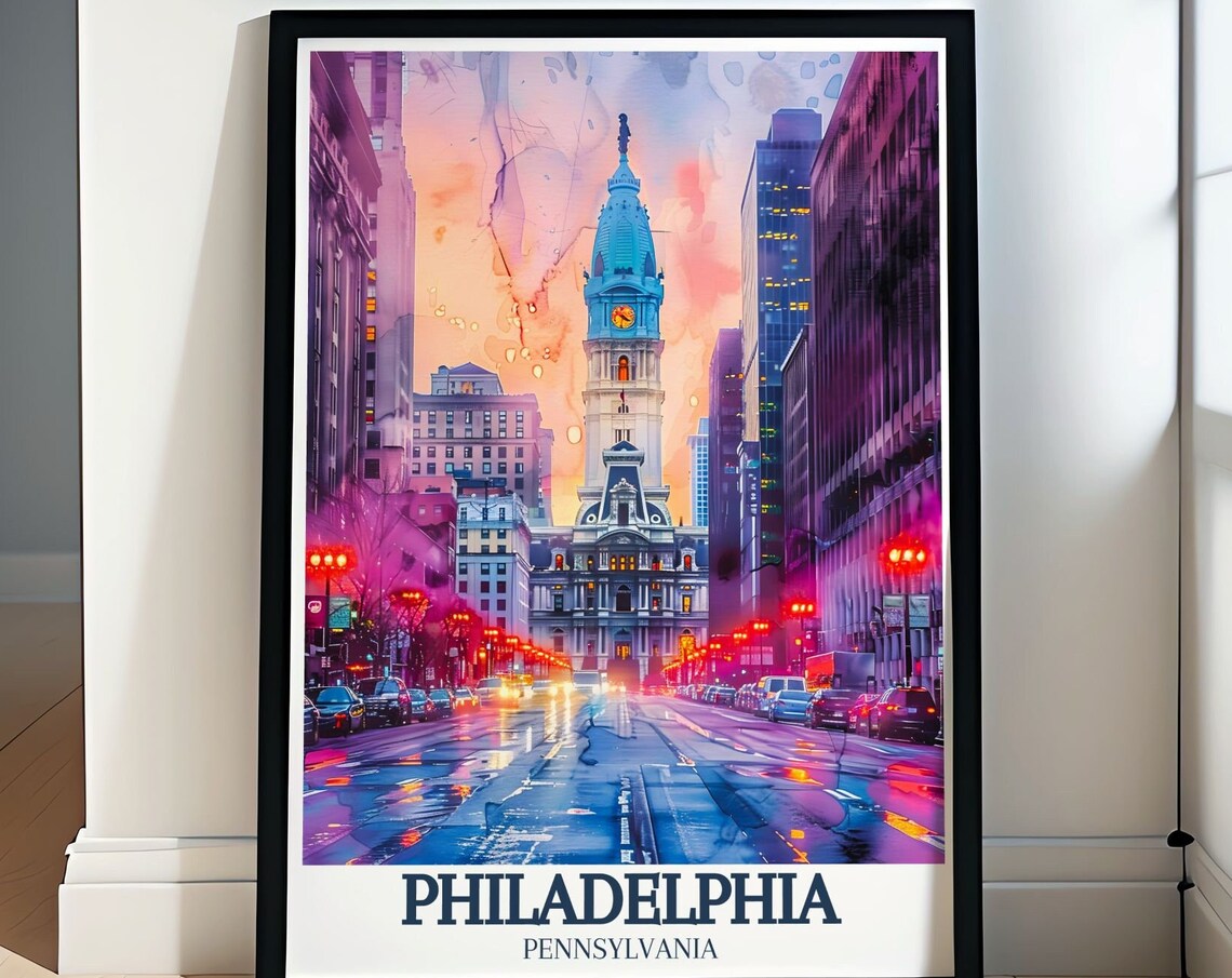 Philadelphia City Hall Neon Night Rain Street Pennsylvania Poster