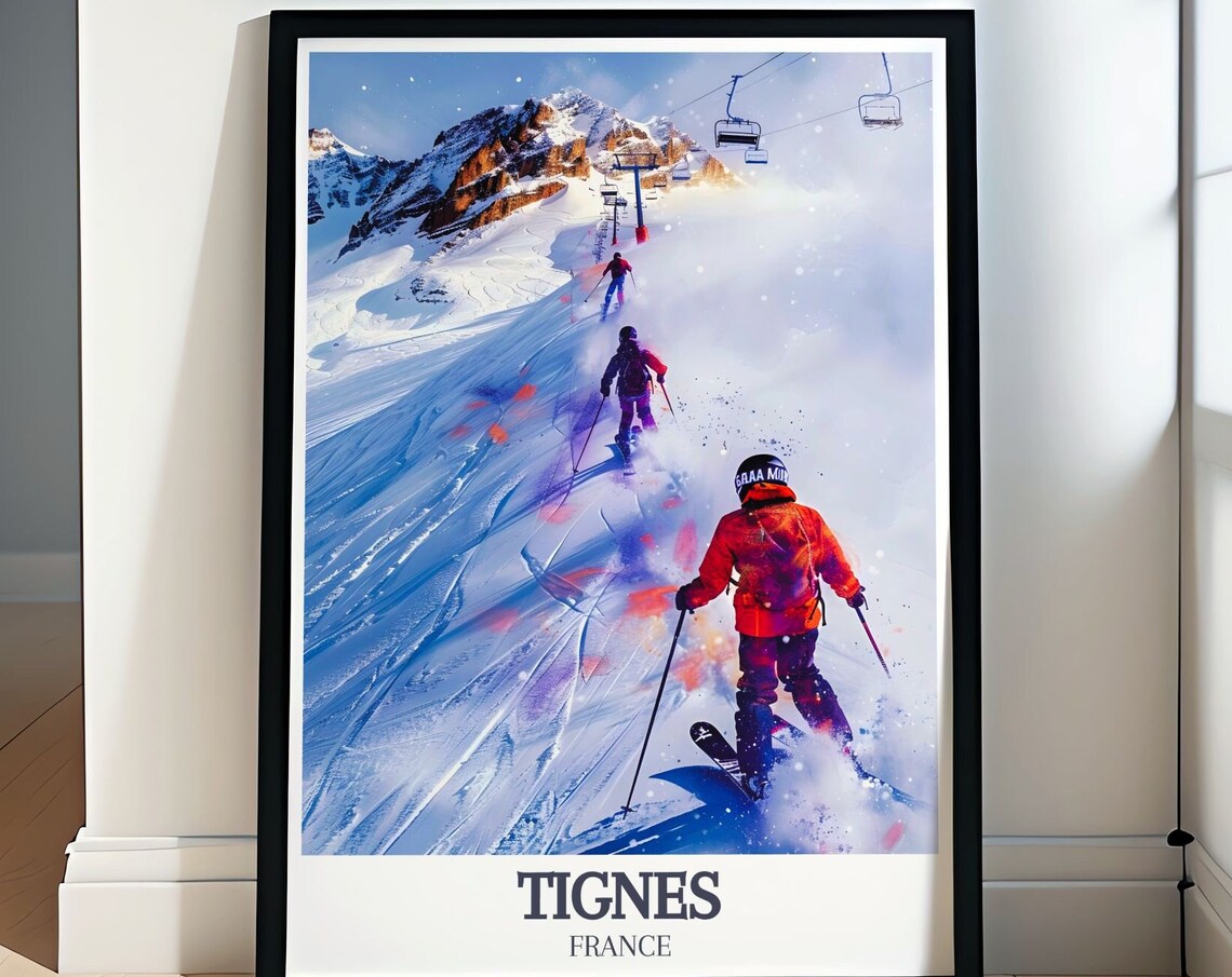 Tignes Skiers Carving Down a Sunny French Alps Mountain Slope Poster