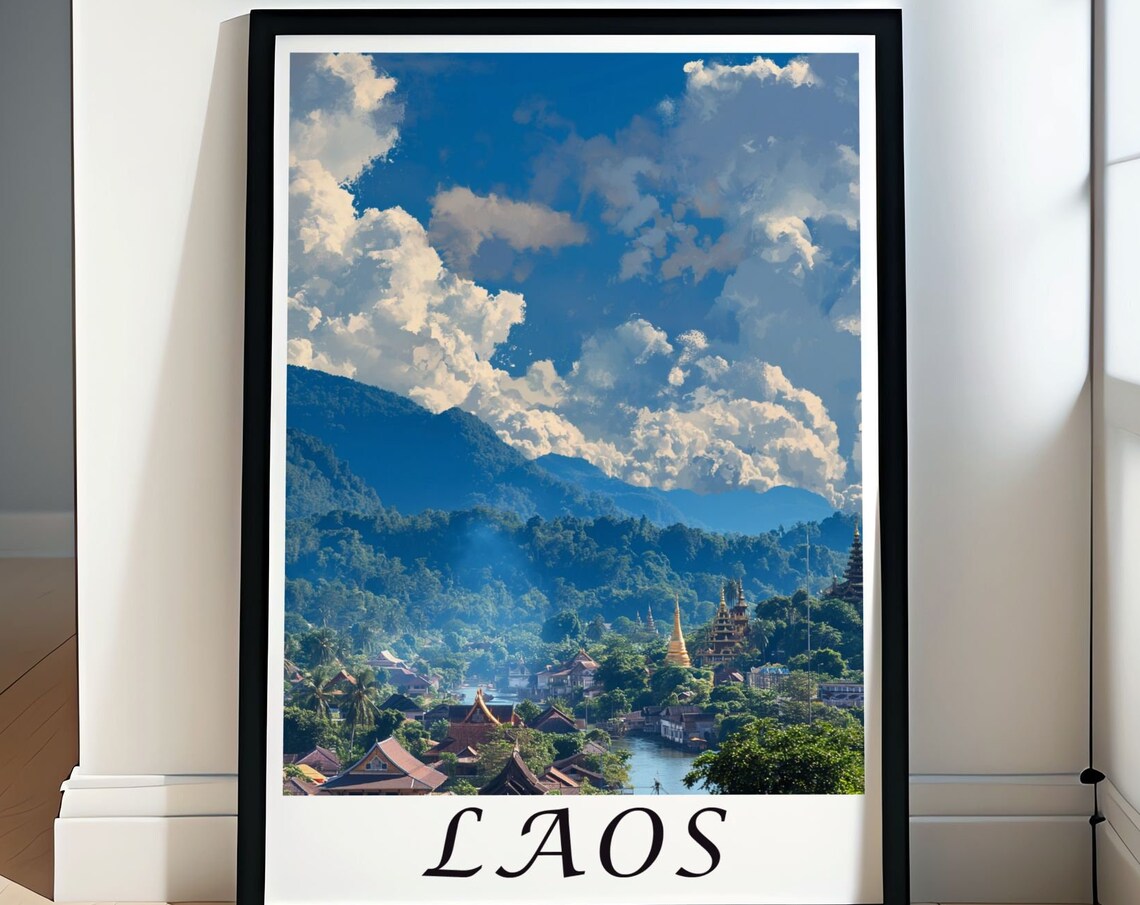 Luang Prabang Laos Golden Temples River Valley Mountain Travel Poster