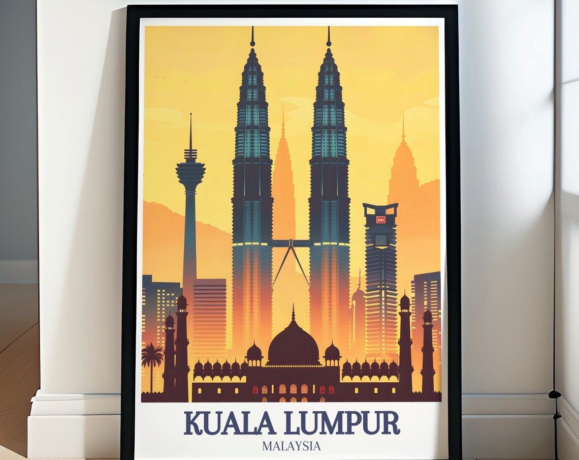 Kuala Lumpur Petronas Towers Sunset Skyline Malaysia Travel Poster