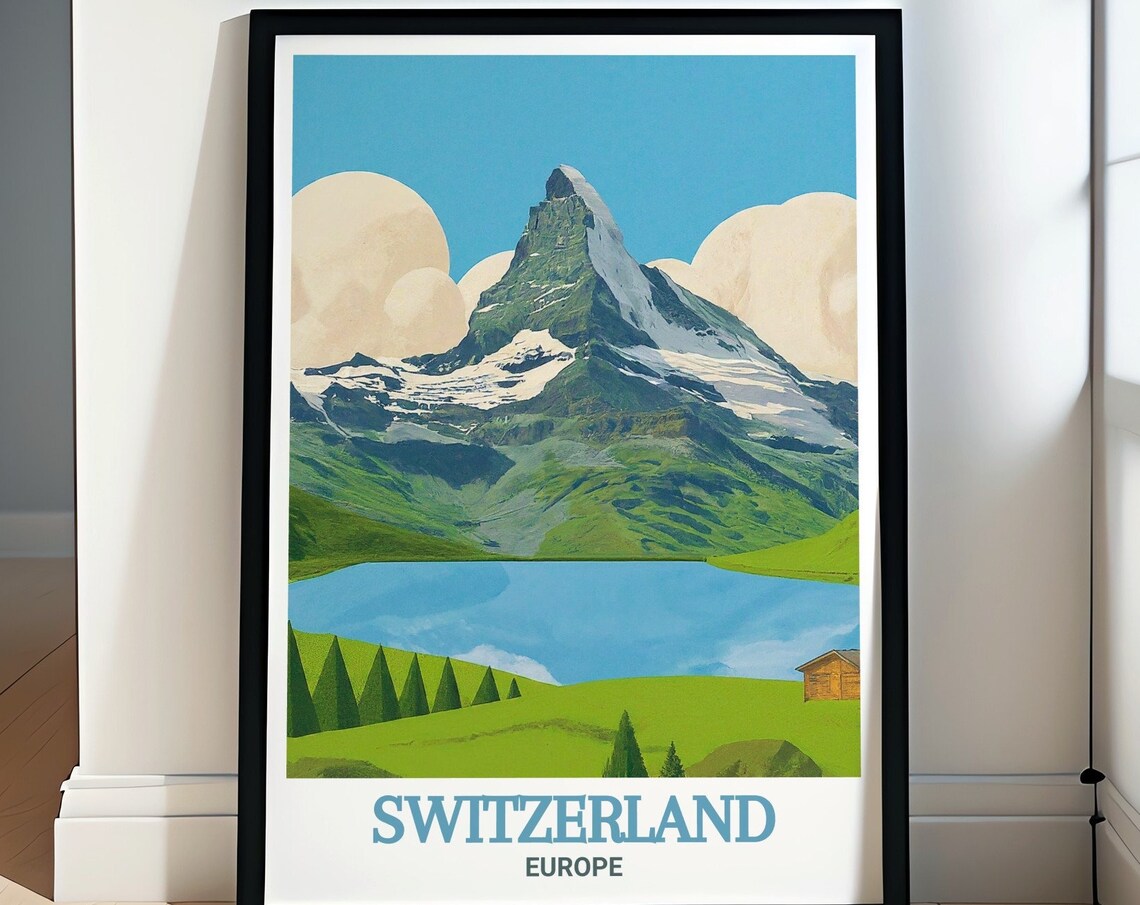 Switzerland Matterhorn Snowy Alpine Lake Meadow Cabin Poster