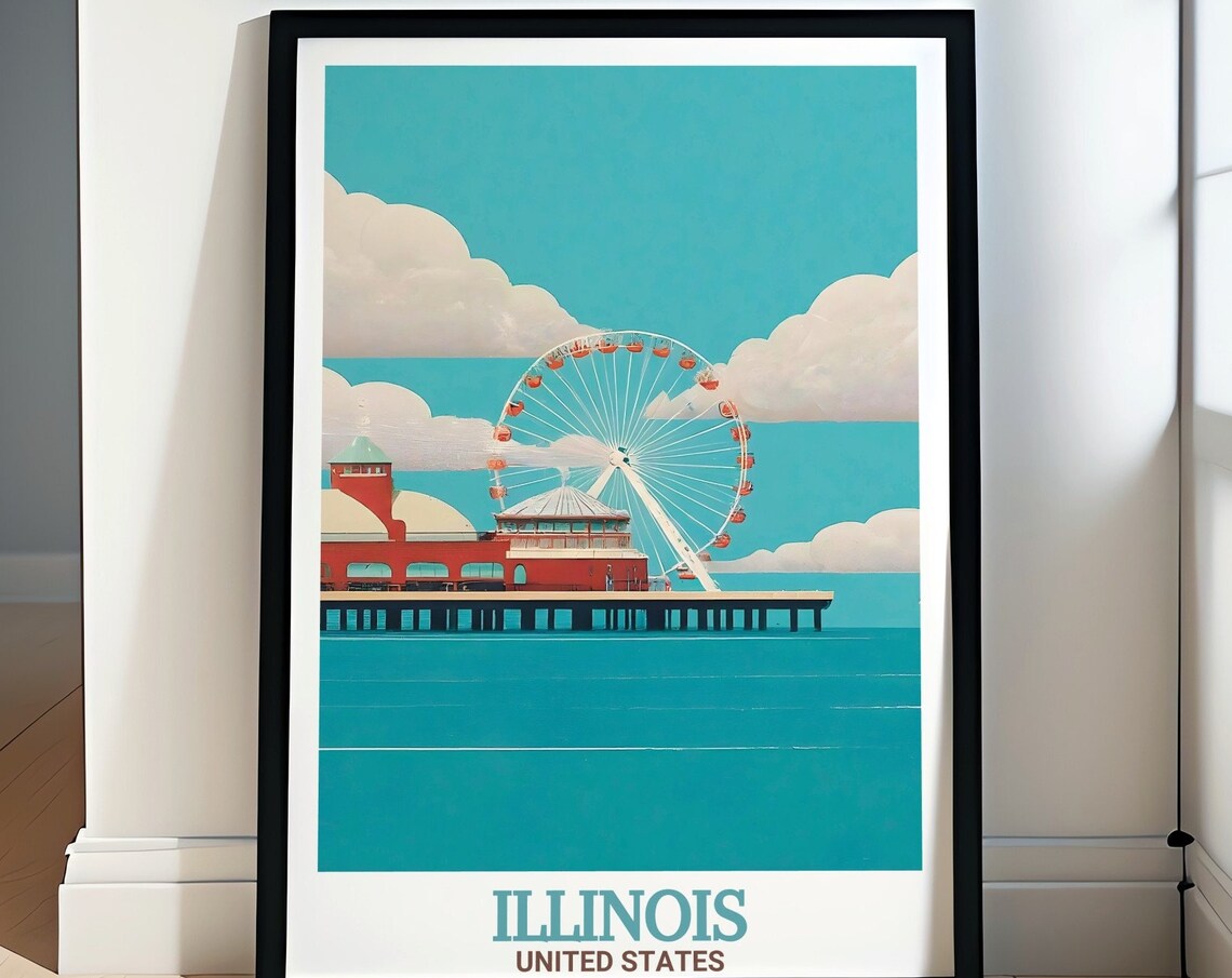 Illinois Chicago Navy Pier Ferris Wheel Retro Waterfront Poster