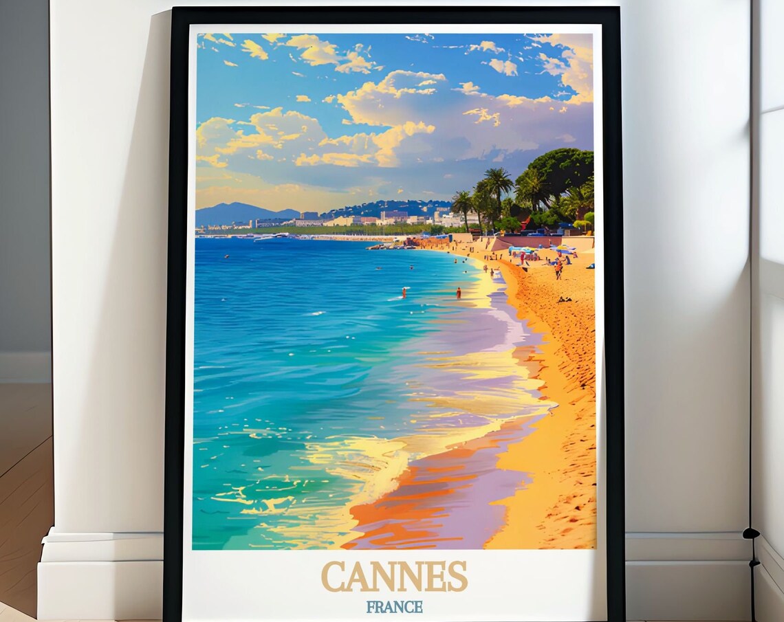 Cannes France Golden Beach Shoreline Mediterranean Travel Poster