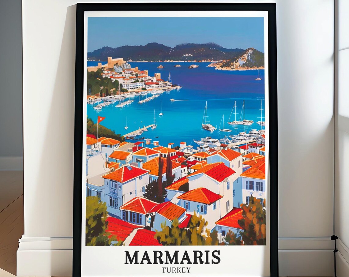 Marmaris Turkey Coastal Harbor Marina with Red Roofs and Yachts Poster