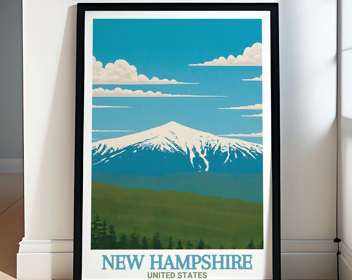 New Hampshire Snowy Mountain Peak Green Valley View Travel Poster