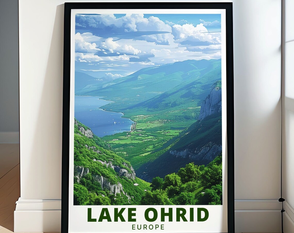 Lake Ohrid Mountain Valley Scenic Panorama Europe View Poster