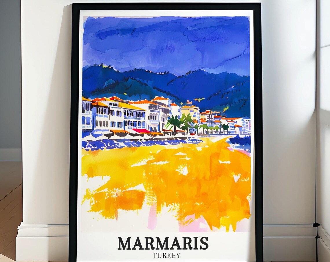 Marmaris Turkey Watercolor Beachfront Town and Golden Shore Poster