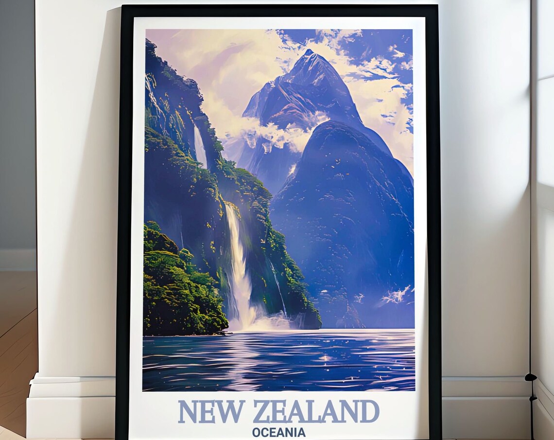 New Zealand Milford Sound Waterfall Fiord Mitre Peak View Poster