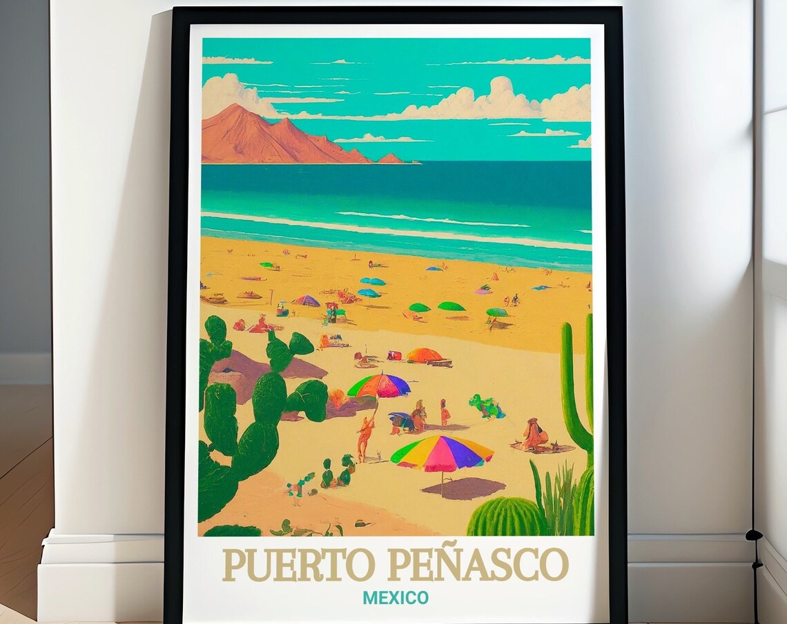 Puerto Penasco Mexico Sunny Beach Umbrellas Desert Coast Travel Poster