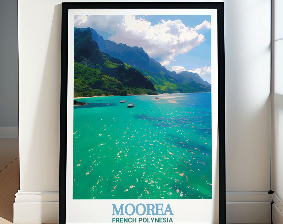 Moorea Cooks Bay Boats Turquoise Water Volcanic Peaks Travel Poster