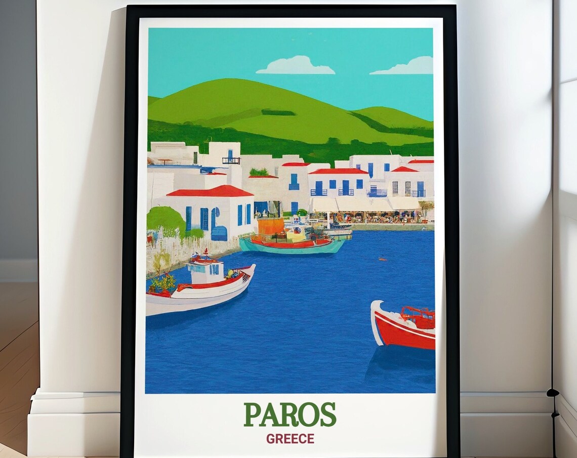 Paros Greece Naoussa Harbor Fishing Boats Waterfront Village Poster