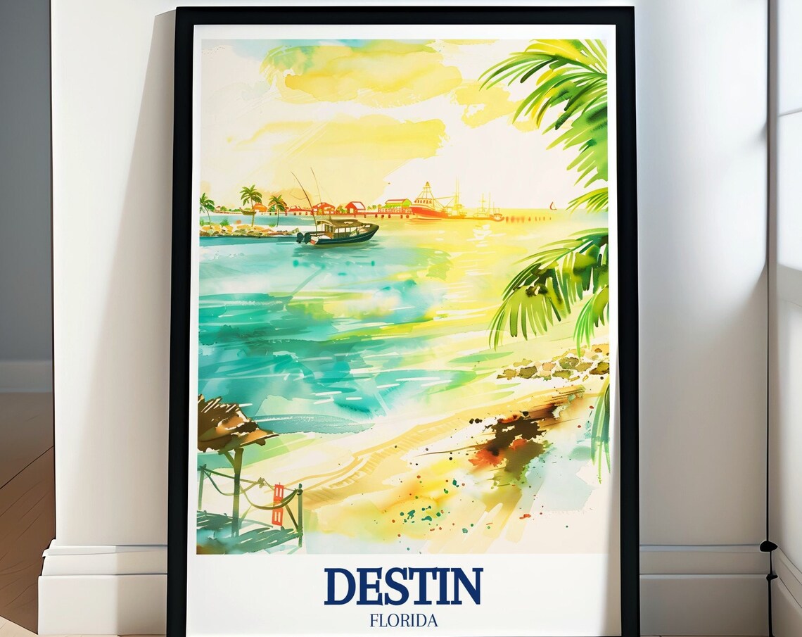 Destin Harbor Boats Watercolor Palm Beach Florida Travel Poster