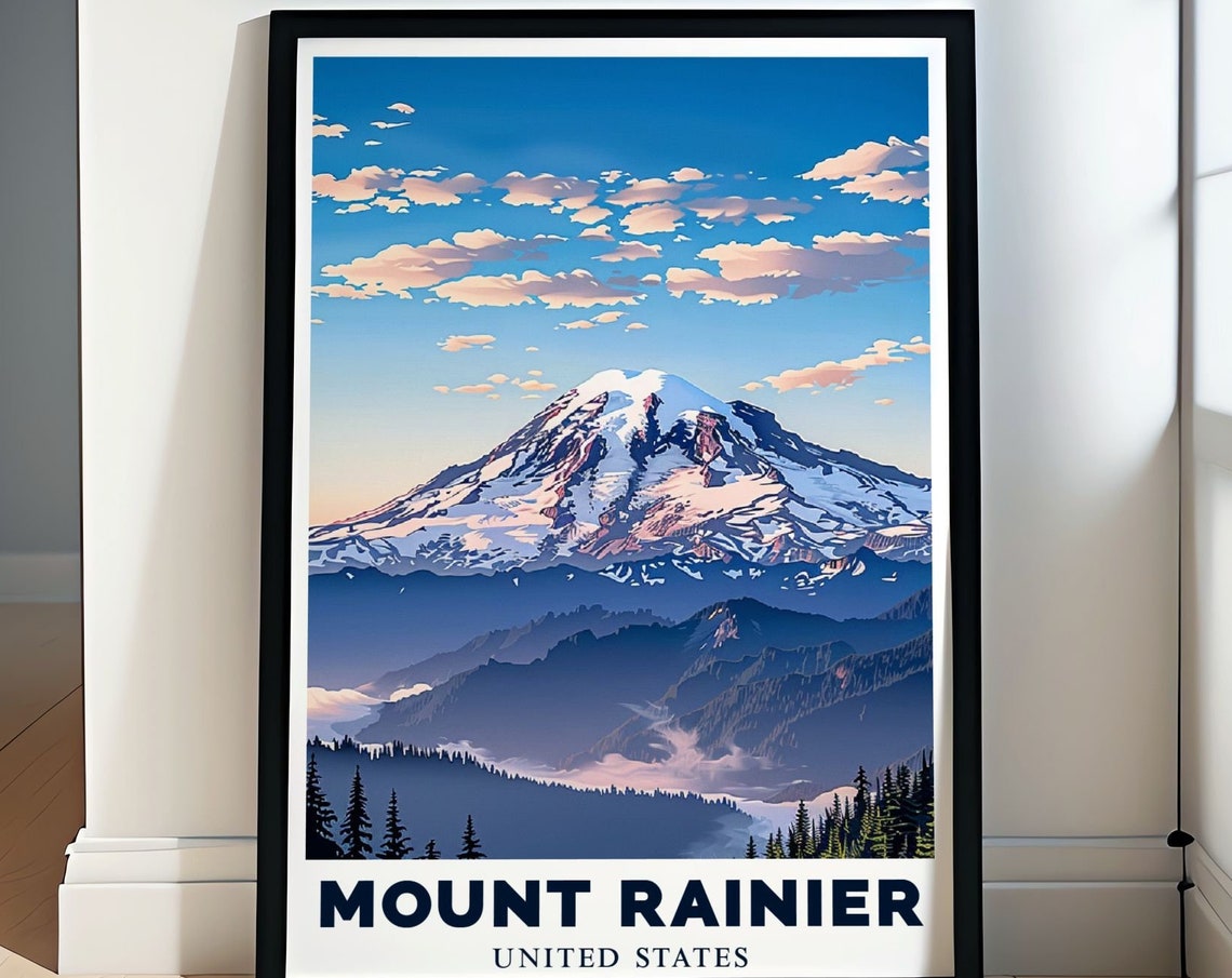 Mount Rainier Snowcapped Peak Beneath a Soft Cloudy Sky Poster