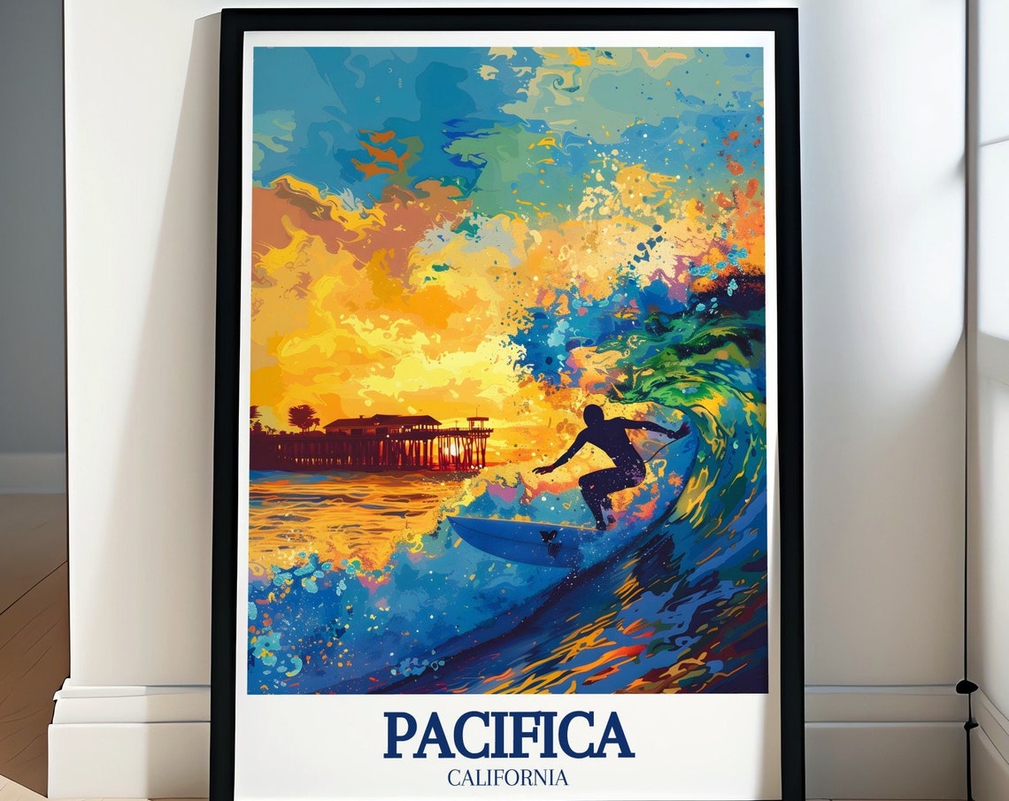 Pacifica California Surfer Sunset Wave Pier Beach Art Poster