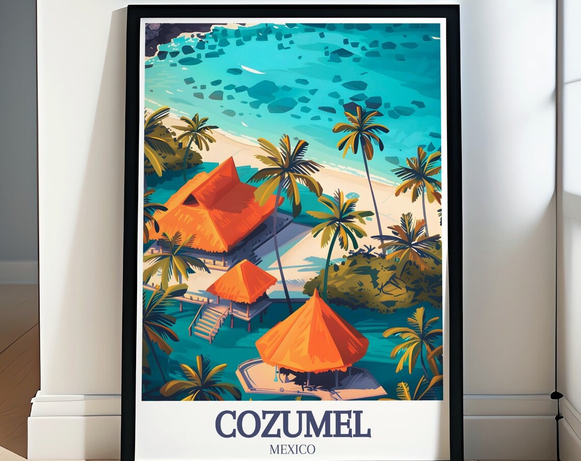 Cozumel Mexico Palm Beach Thatched Hut Tropical Travel Poster