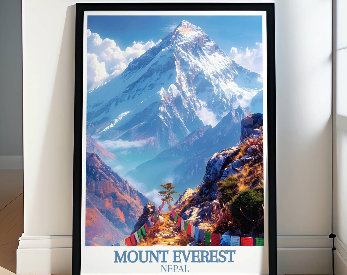 Mount Everest Nepal Snow Peak Prayer Flags Valley Travel Poster