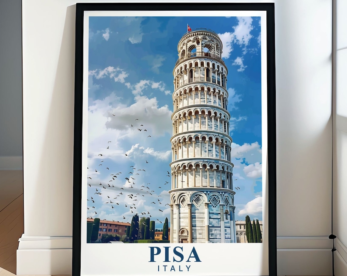 Pisa Leaning Tower Bird Flock Cloudy Sky Italy Travel Poster