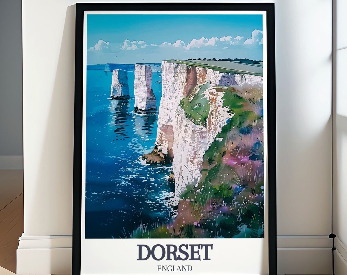 Dorset England Old Harry Rocks Chalk Stacks Above Deep Blue Poster
