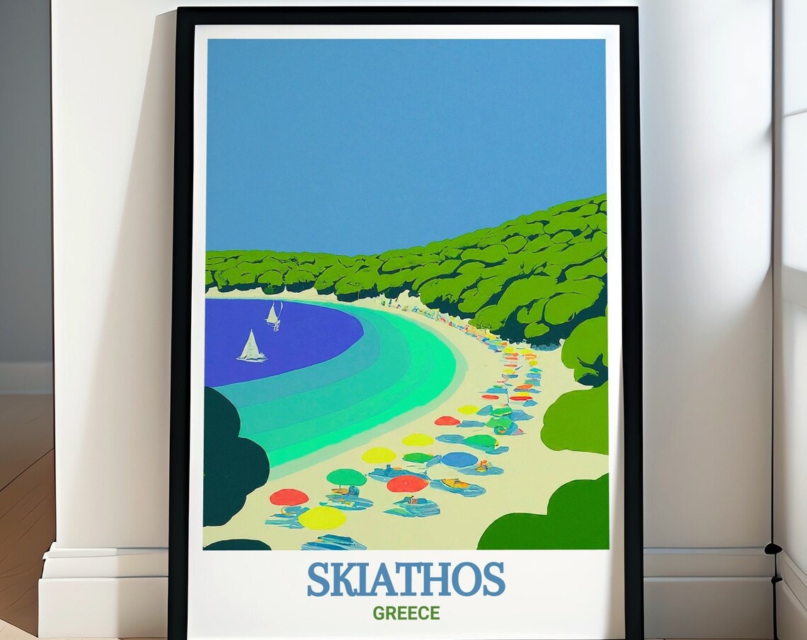 Skiathos Koukounaries Beach Colorful Umbrellas Curve Greece Poster