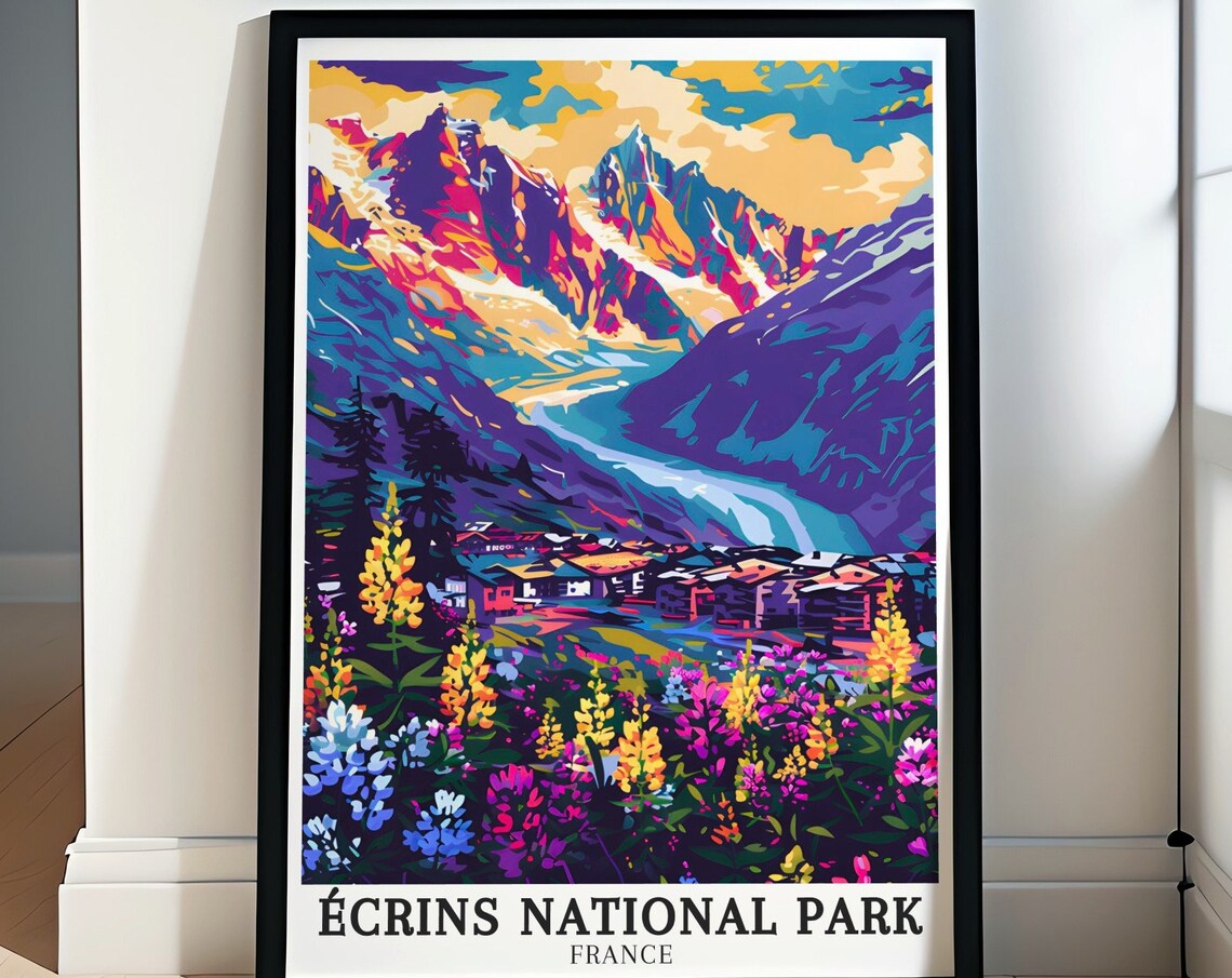 Écrins National Park France Alpine Village Wildflowers Poster