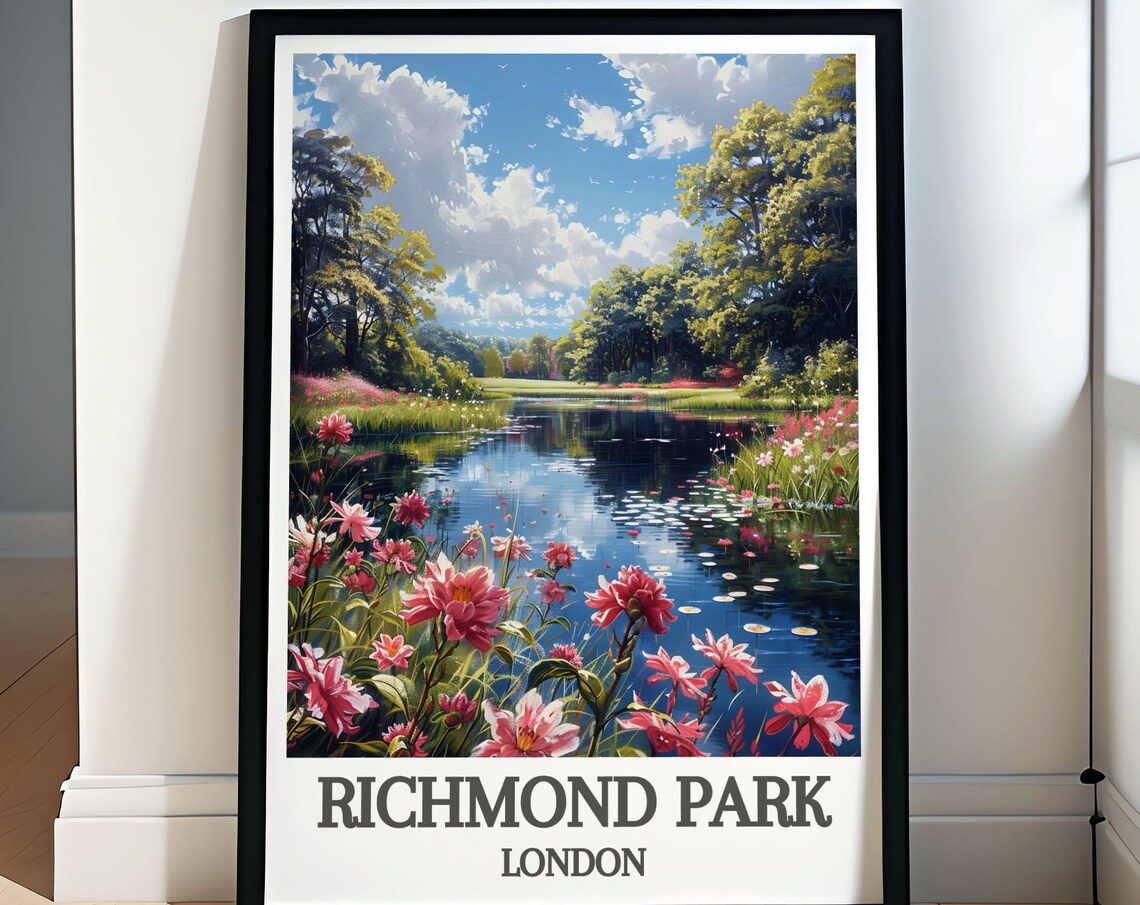 Richmond Park London Lake Flowers Spring Blossom Travel Art Poster