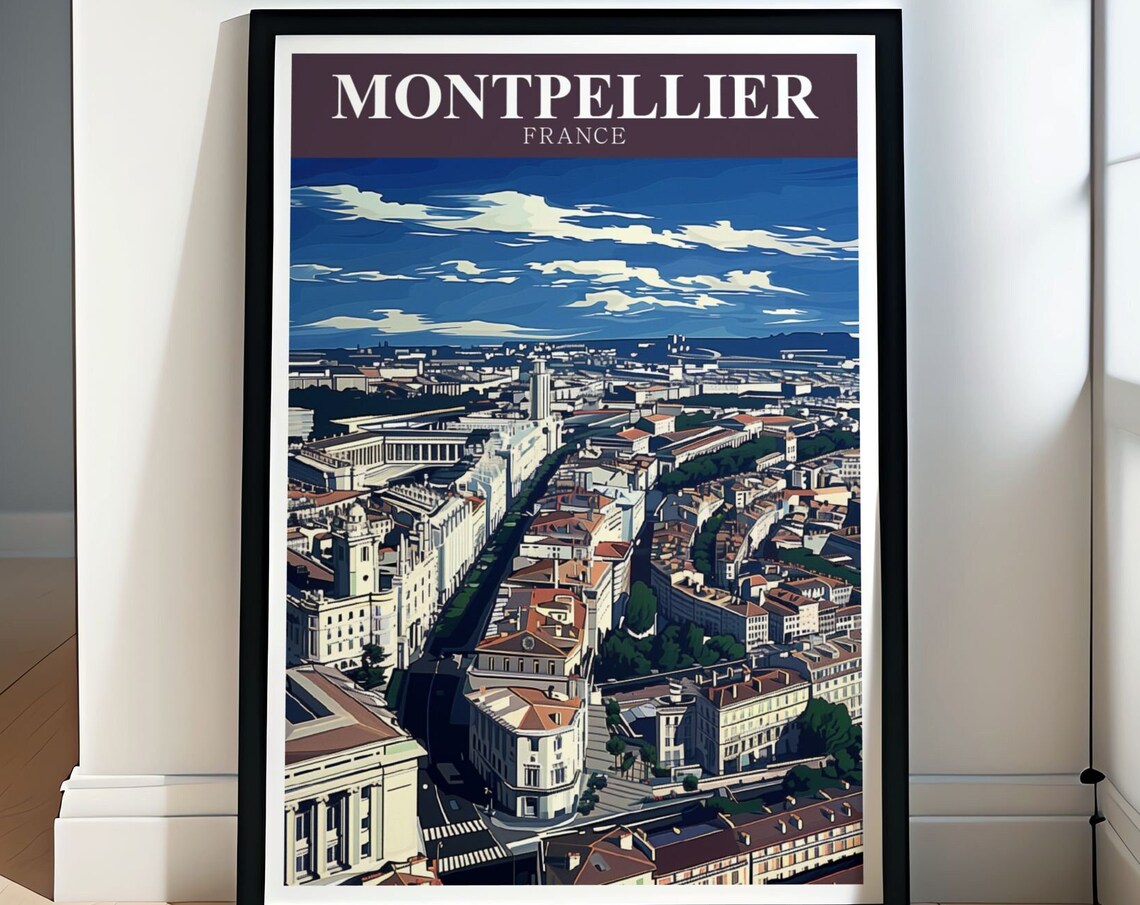 Montpellier France Aerial City View Historic Old Town Travel Poster